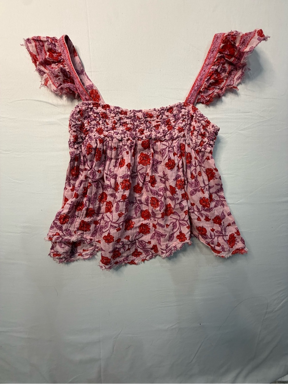 Free People Pink Floral Smocked Camisole with Red Accents